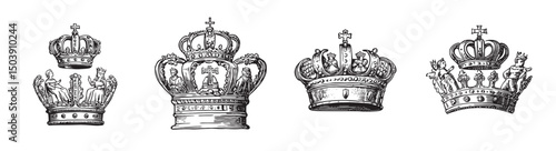 Vintage Crown Illustrations Featuring Four Distinct Royal Designs, Set Logo design, Vector Illustration, Engraving style