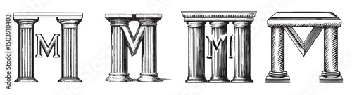 Vintage Architectural Columns with Letter M Design Elements, Set Logo design, Vector Illustration, Engraving style
