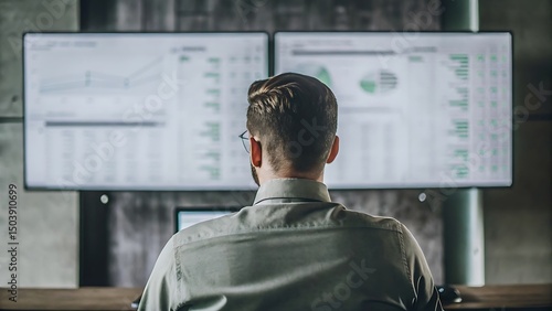 Man with glasses looking at two computer monitors displaying data and charts in a modern office space
