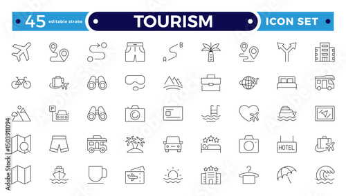 Travel and tourism outline icon set. Airplane, trip, beach, passport, summer vacations, luggage, camping, hotel. Collection of traveling and tourism elements. Editable stroke outline icon.
