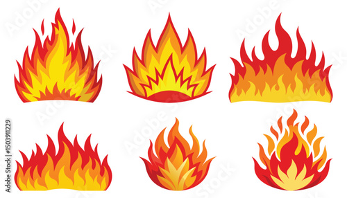Set of Six Vivid Cartoon Flames with Energetic Yellow, Orange, and Red Colors Depicting Fire, Ideal for Graphic Design Projects, Illustrations, and Creative Visuals Requiring a Dynamic and Eye-Catchin