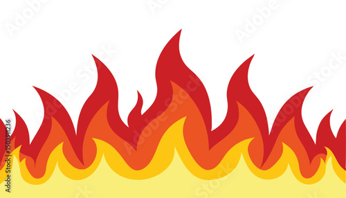 Illustration of a blazing fire with vibrant flames, showcasing a gradient from yellow at the base to orange and red towards the peaks, isolated on a white background, perfect for designs needing an en