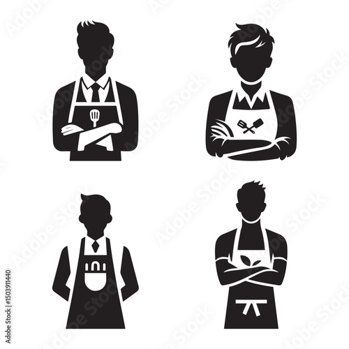 Set of man with apron silhouette. Black and white chef concept vector icon.