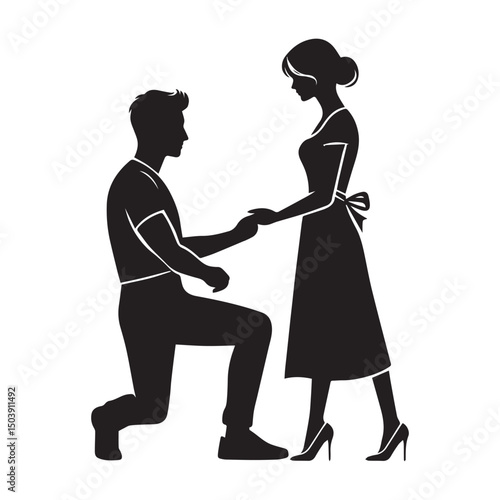 Man proposing to a woman silhouette on white background. 