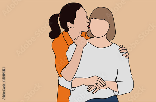 Digital illustration of a mother and daughter, with the daughter kissing the mother's cheek, isolated on a light beige background. Family day concept
