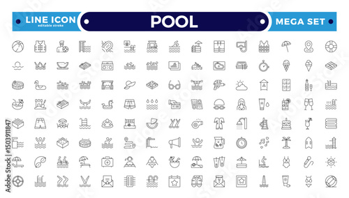Pool Outline Icon Set. Swimming, Recreation, Water, Beach, Vacation, Summer Fun, Swim Gear, Umbrella, Goggles, Poolside Relaxation, Sports, Liquid, Waves, Leisure. Editable stroke outline icon.