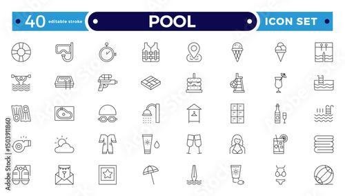 Pool Outline Icon Set. Swimming, Recreation, Water, Beach, Vacation, Summer Fun, Swim Gear, Umbrella, Goggles, Poolside Relaxation, Sports, Liquid, Waves, Leisure. Editable stroke outline icon.