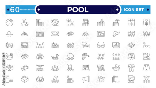 Pool Outline Icon Set. Swimming, Recreation, Water, Beach, Vacation, Summer Fun, Swim Gear, Umbrella, Goggles, Poolside Relaxation, Sports, Liquid, Waves, Leisure. Editable stroke outline icon.