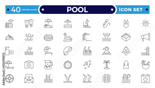 Pool Outline Icon Set. Swimming, Recreation, Water, Beach, Vacation, Summer Fun, Swim Gear, Umbrella, Goggles, Poolside Relaxation, Sports, Liquid, Waves, Leisure. Editable stroke outline icon.
