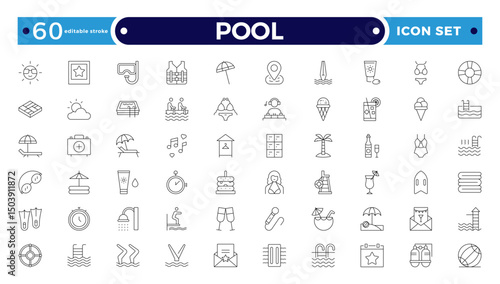Pool Outline Icon Set. Swimming, Recreation, Water, Beach, Vacation, Summer Fun, Swim Gear, Umbrella, Goggles, Poolside Relaxation, Sports, Liquid, Waves, Leisure. Editable stroke outline icon.