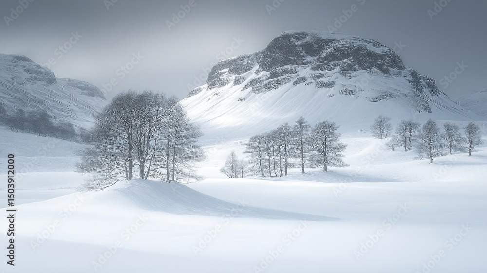 Naklejka premium Snowy Winter Landscape with Trees Mountain in Background Calm and Serene Scene
