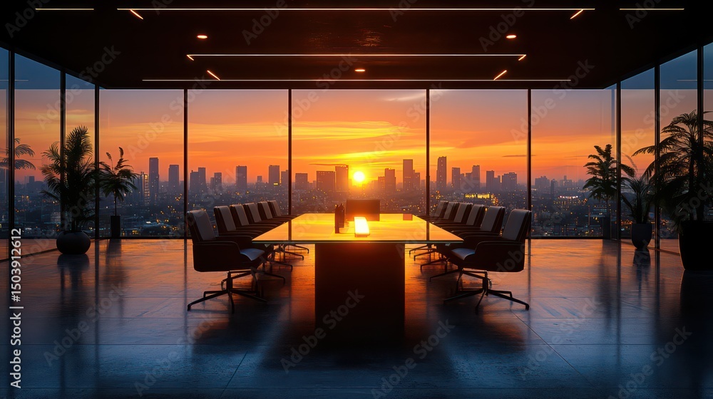 Fototapeta premium Minimalist office meeting space with glass table, lounge chairs, and soft ambient lighting.