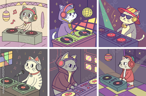 Cartoon cats DJing with turntables in colorful music scenes  