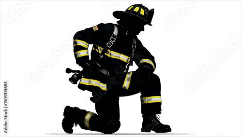 A firefighter kneeling on his knees