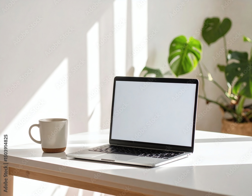 Fototapeta premium A cup of coffee on the desk next to a laptop computer in a home office interior