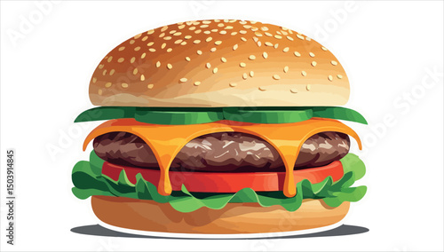 A grilled beef cheeseburger with lettuce and tomato on a sesame bun