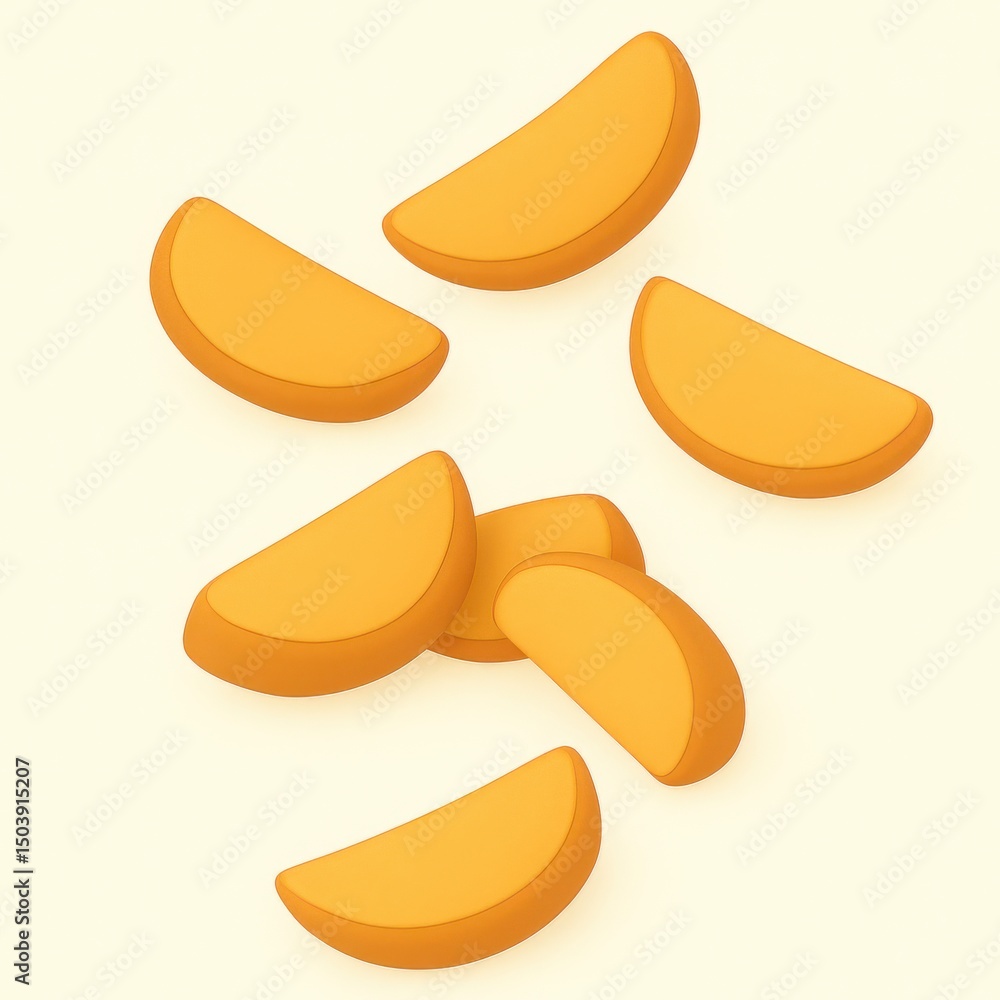 Obraz premium Orange Crescent Shaped Food Pieces Falling on White Background