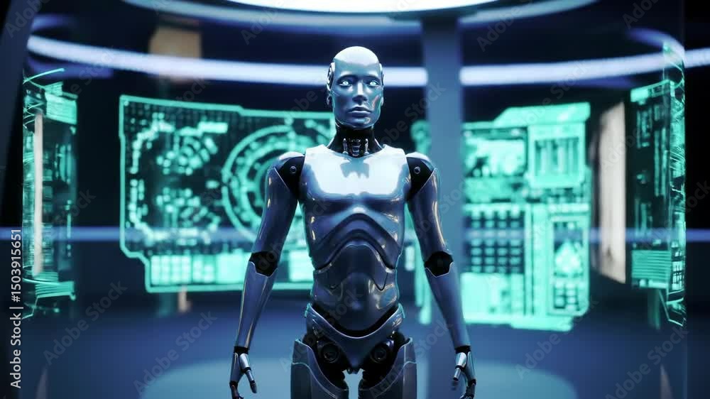 Futuristic humanoid robot standing in a high-tech lab, surrounded by glowing holographic displays Futuristic humanoid robot standing in a high-tech lab, surrounded by glowing holographic displays