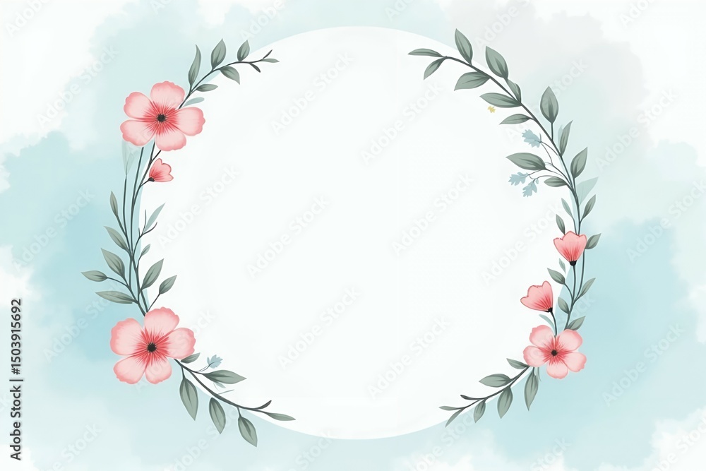 Obraz premium Romantic wedding invitation with blush pink flowers and delicate pastel green leaves. 
