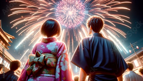 浴衣姿の若い男女のカップルが花火を見上げる日本の夏祭り
