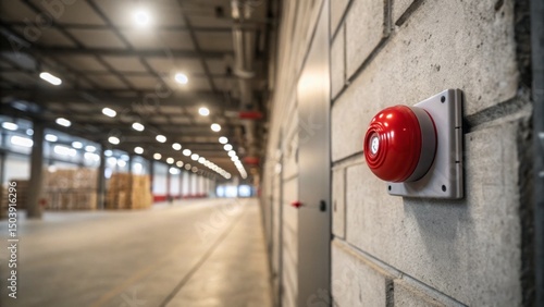 Fire alarm, alert and installation concept. Industrial hallway with an emergency alarm on the wall.