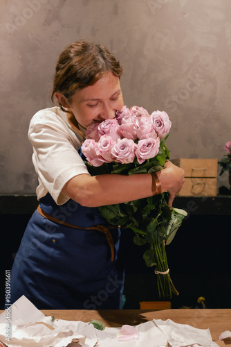 Photos Middle-aged female florist in apron arranging fresh flowers for bouquet in the flower shop