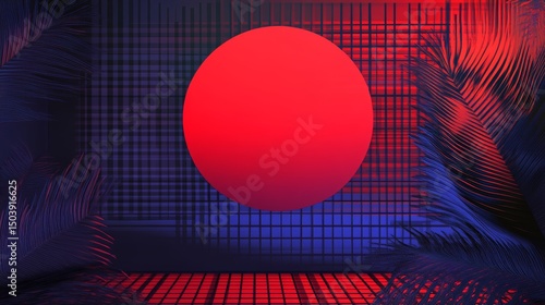 Retro futuristic scenery with a red sun, grid pattern and palm leaves