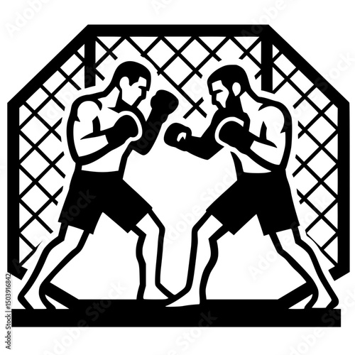  A vector illustration depicting two mixed martial arts fighters facing off inside a hexagonal fighting cage.