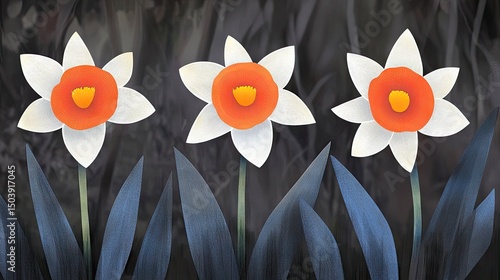 Three stylized daffodils with dark foliage.