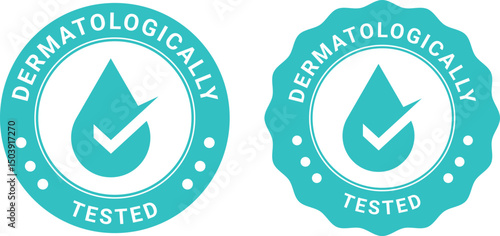 dermatologically tested badges in blue color with check mark and water drop icon for skin safe product labels	