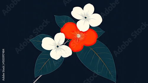 A cluster of stylized flowers and leaves in contrasting colors.