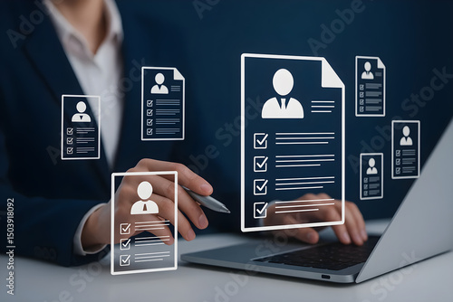 Resume screening process hr manager reviewing job applications on laptop for recruitment candidates