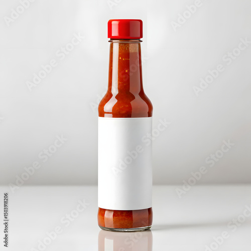 Spicy sauce bottle mockup with blank label and black lid on plain surface, ideal for chili condiment branding, hot food product packaging or flavor design