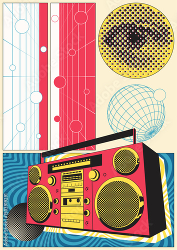 Abstract Poster 1980s Style, Vintage Cassette Stereo Recorder, Eye, Sphere, Perspective Grid, Abstract Geometric Shapes 