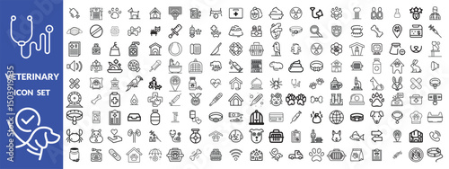 Veterinary icon set. Contains such icons as pets, medical history, health care, vet, vaccines, test, dental care, antiparasitic, diagnosis, x ray, veterinary clinic and more. Vector design.