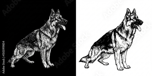 Detailed black and white illustration of a sitting German Shepherd dog. 