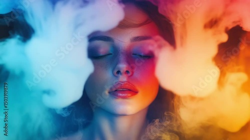 Woman face in colorful smoke