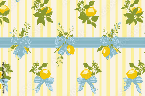 Elegant Lemon and Bow Seamless Pattern  Pastel Yellow and Blue Stripes Vector Illustration