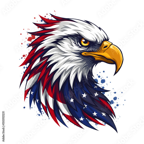 Vibrant eagle head with red, white and blue stars and stripes art for independence day isolated on a transparent background

