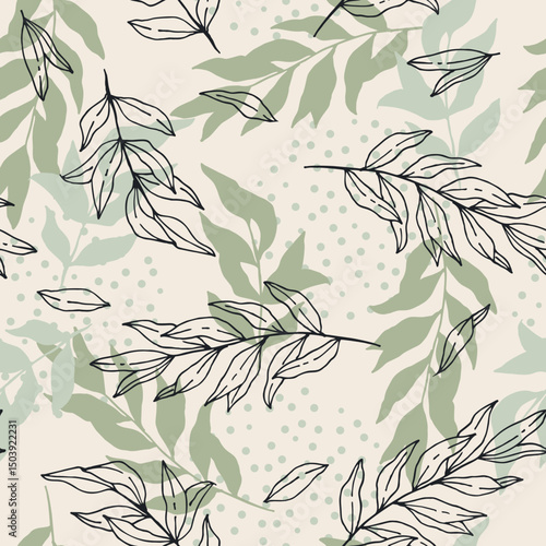 Herbal leaves hand drawn seamless pattern. Botanical background. Vector tile for textile design, wrapping paper, decoration, web, social media