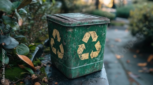 Old Green Recycling Bin on City Street in Autumn
