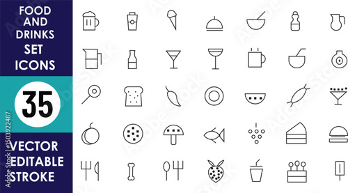 Minimalist vector line icons set of 35 food and drink items including coffee, cocktails, wine, toast, fruit, utensils, desserts, cheese, and condiments