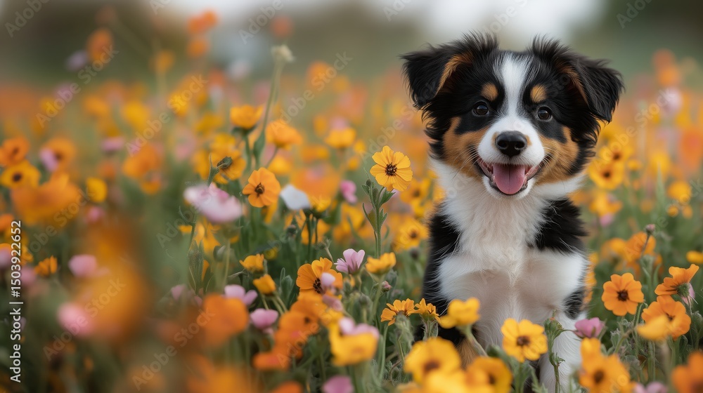Obraz premium Cute Puppy Sitting in Colorful Wildflower Field 