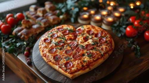 Heart-Shaped Pepperoni Pizza for Romantic Dinner Setting
