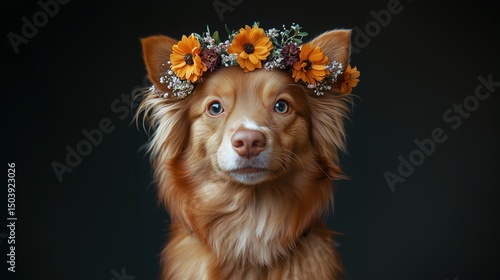 Adorable Dog Wearing Flower Crown on Dark Background
