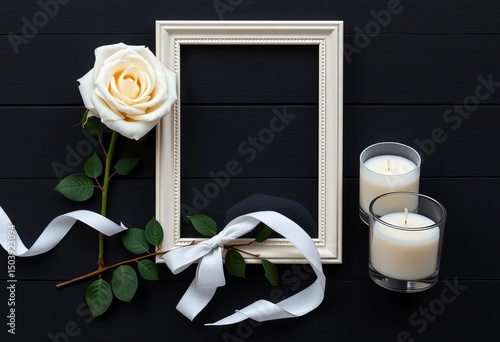 Elegant white rose, ribbon, candle & photo frame on dark wood, black backdrop,  grief,  obituary