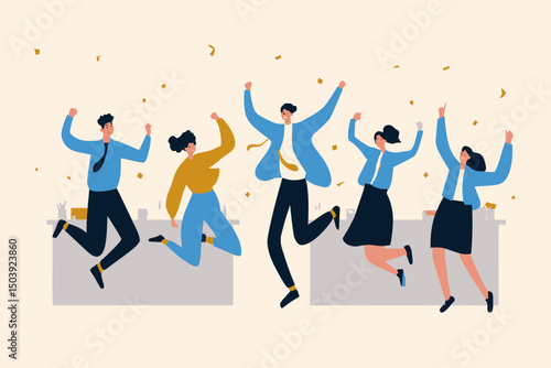 Happy Office Workers Celebrating Success, Joyful Team Achievement, Excited Diverse Staff, Employee Celebration and Workplace Happiness Concept