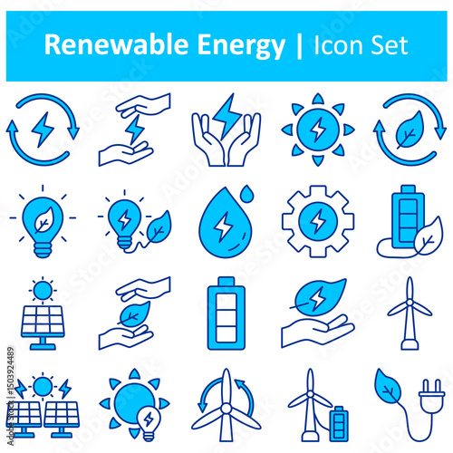 Renewable Energy icon set. Replenish, Nature, Environment, Alternative, Ecosphere, Recovery, Solar Energy, Biogas. Duotone color solid icons.