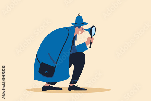 Smart detective looking through magnifying glass, symbolizing observation, inspection, investigation, data analysis, discovery, and evidence search concept vector