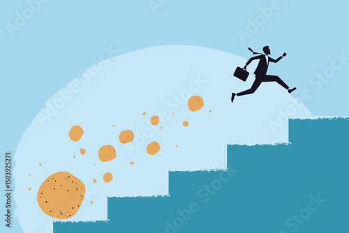Businessman overcoming obstacle and adversity, jumping over falling boulder to climb stairs of success, symbolizing effort, challenge, leadership, and business growth concept vector